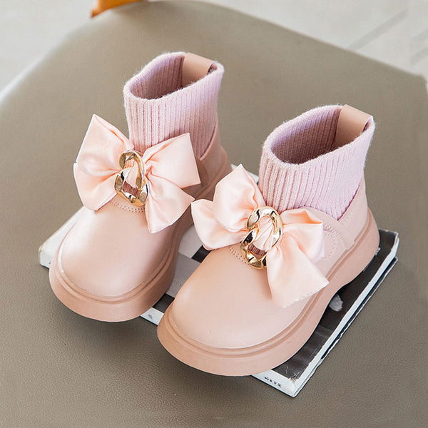 Girls Knit Ankle Metal "Buckle Bow" Boots