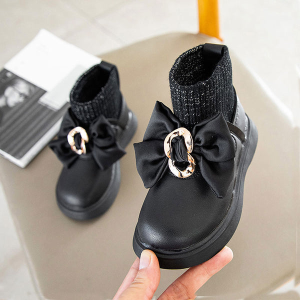 Girls Knit Ankle Metal "Buckle Bow" Boots