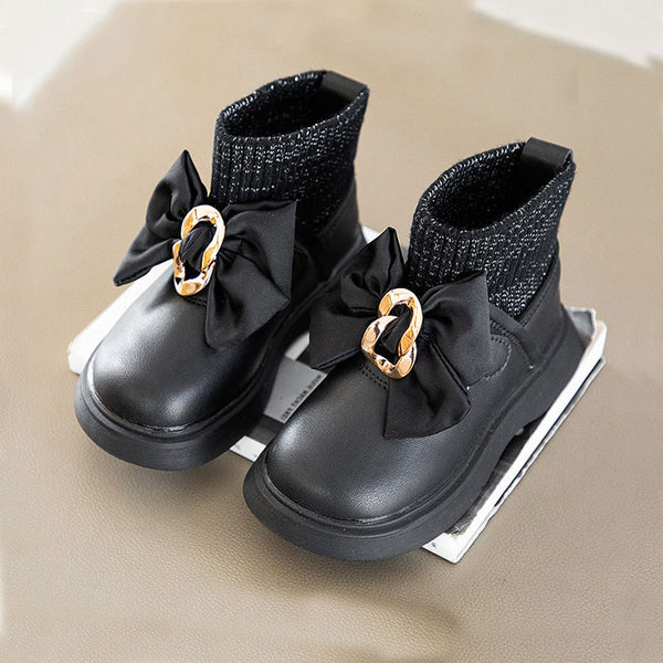 Girls Knit Ankle Metal "Buckle Bow" Boots